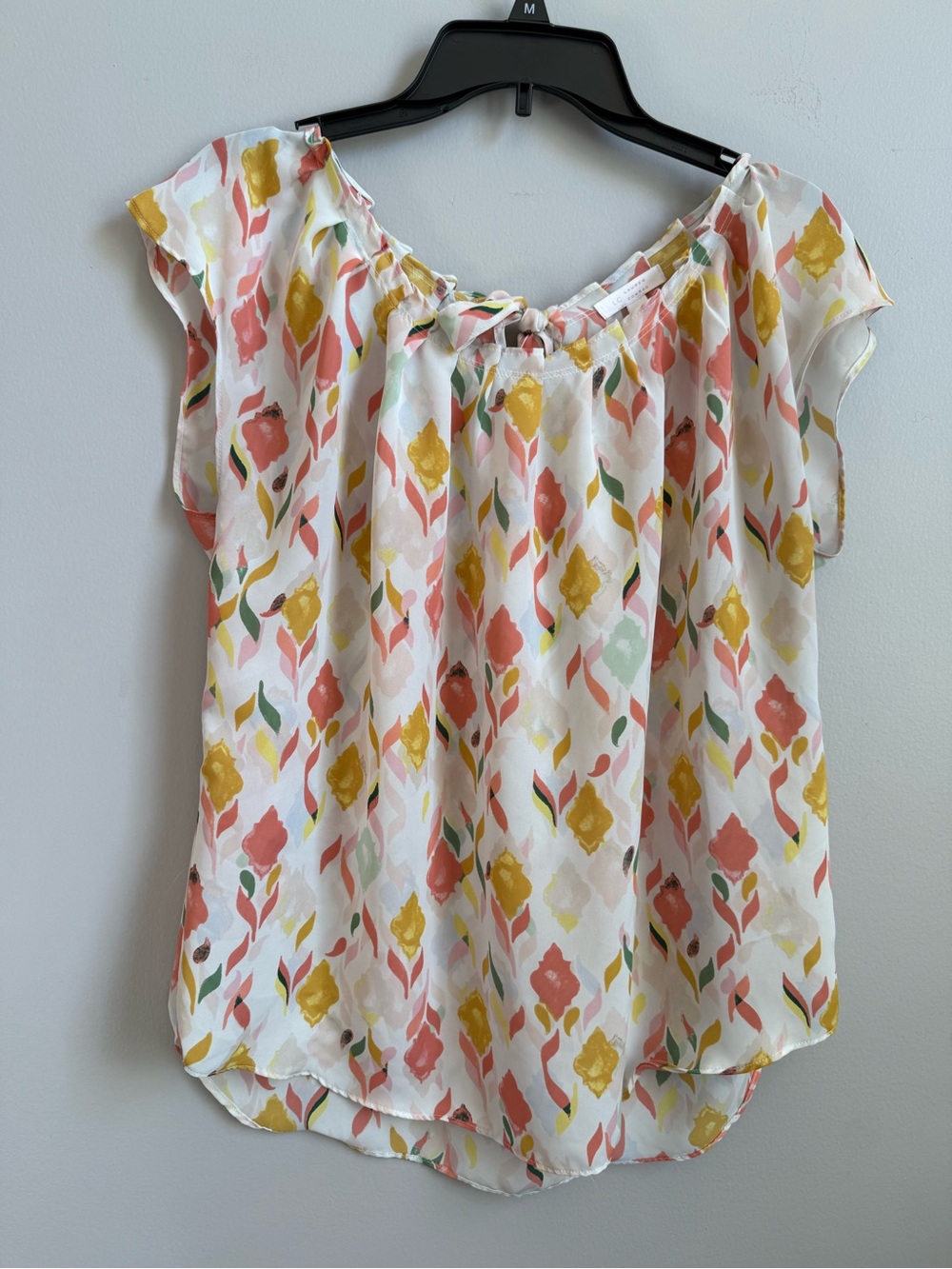 LC Lauren Conrad White Floral Print Peasant Blouse with Coral & Mustard Accents